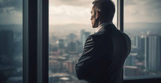 Confident businessman watching city sunset through window generated by artificial intelligence