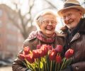 Portrait of elderly couple, man gives tulips, postcard with a picture of elderly loving couple. Happy Valentine's Day greeting idea, senior community positive living concept and active life longevity